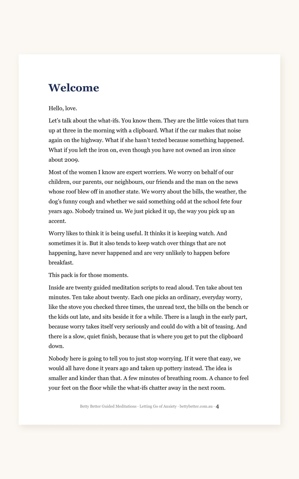 Letting Go of Anxiety guided meditation scripts, welcome page