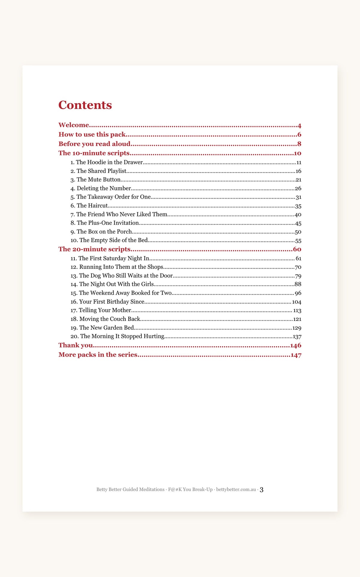 F@#K You Break-Up guided meditation scripts, contents page