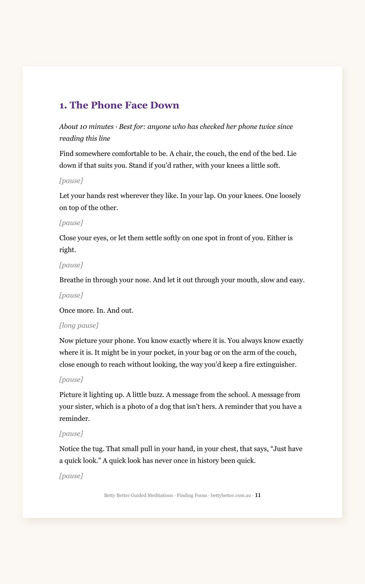 Finding Focus guided meditation scripts, a 10-minute script page