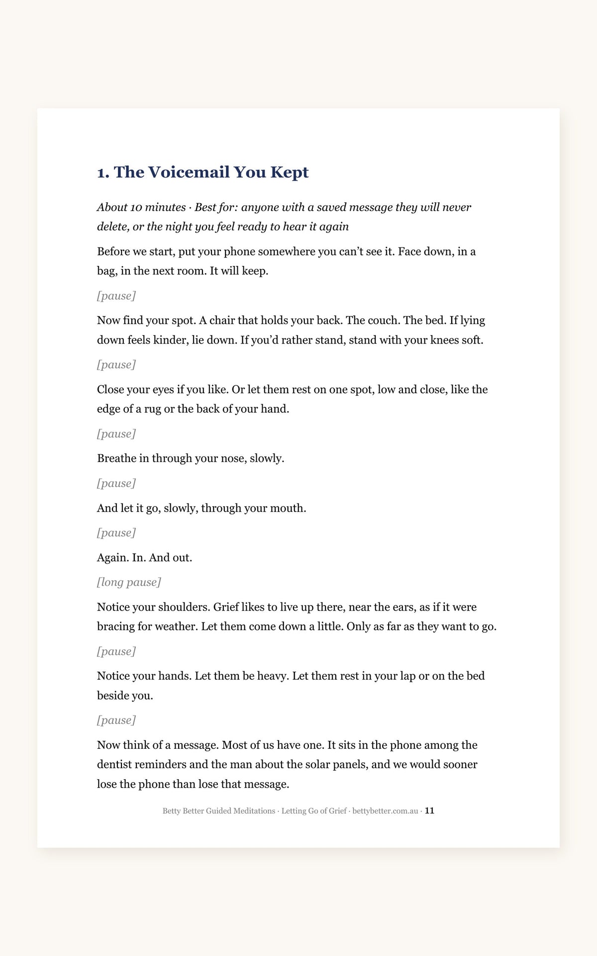 Letting Go of Grief guided meditation scripts, a 10-minute script page
