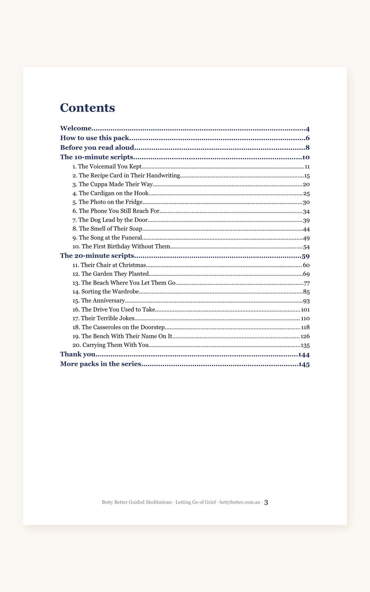 Letting Go of Grief guided meditation scripts, contents page