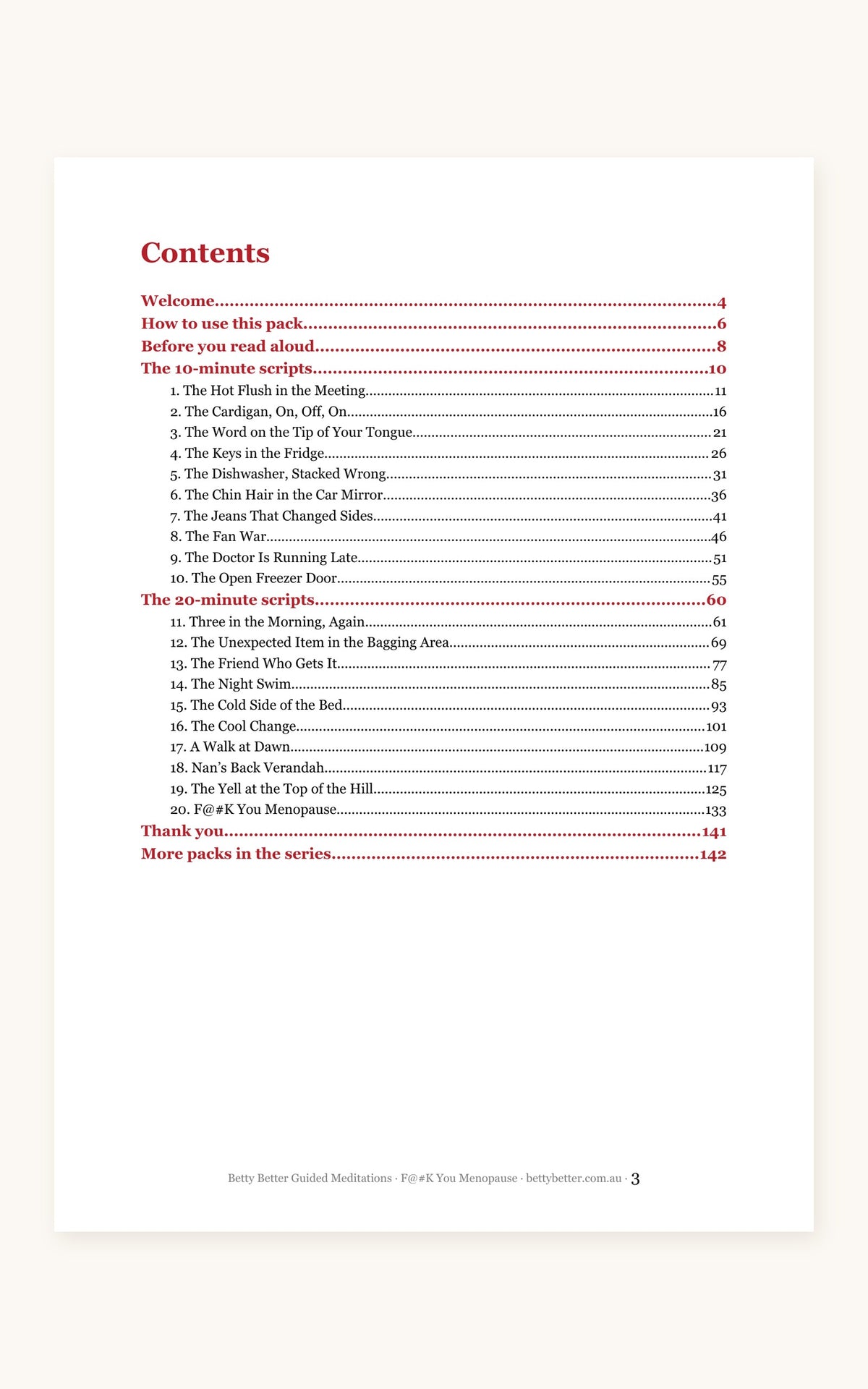 F@#K You Menopause guided meditation scripts, contents page