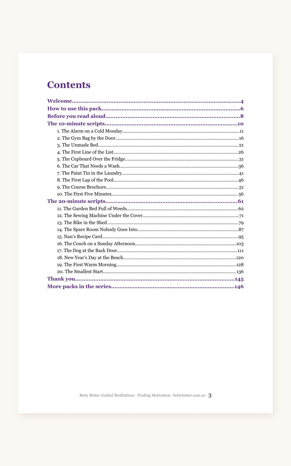 Finding Motivation guided meditation scripts, contents page