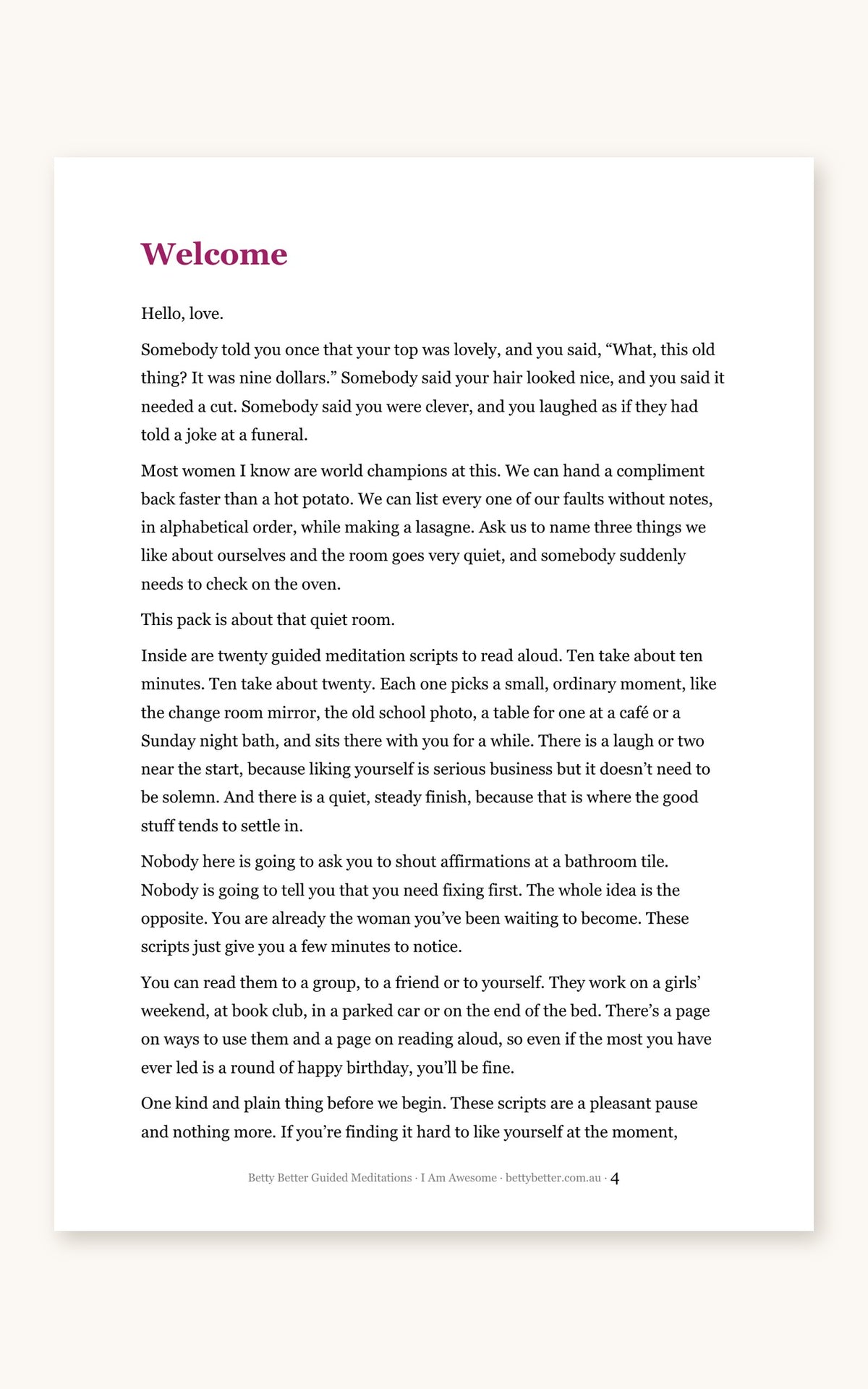 Inside I Am Awesome: welcome page from Betty