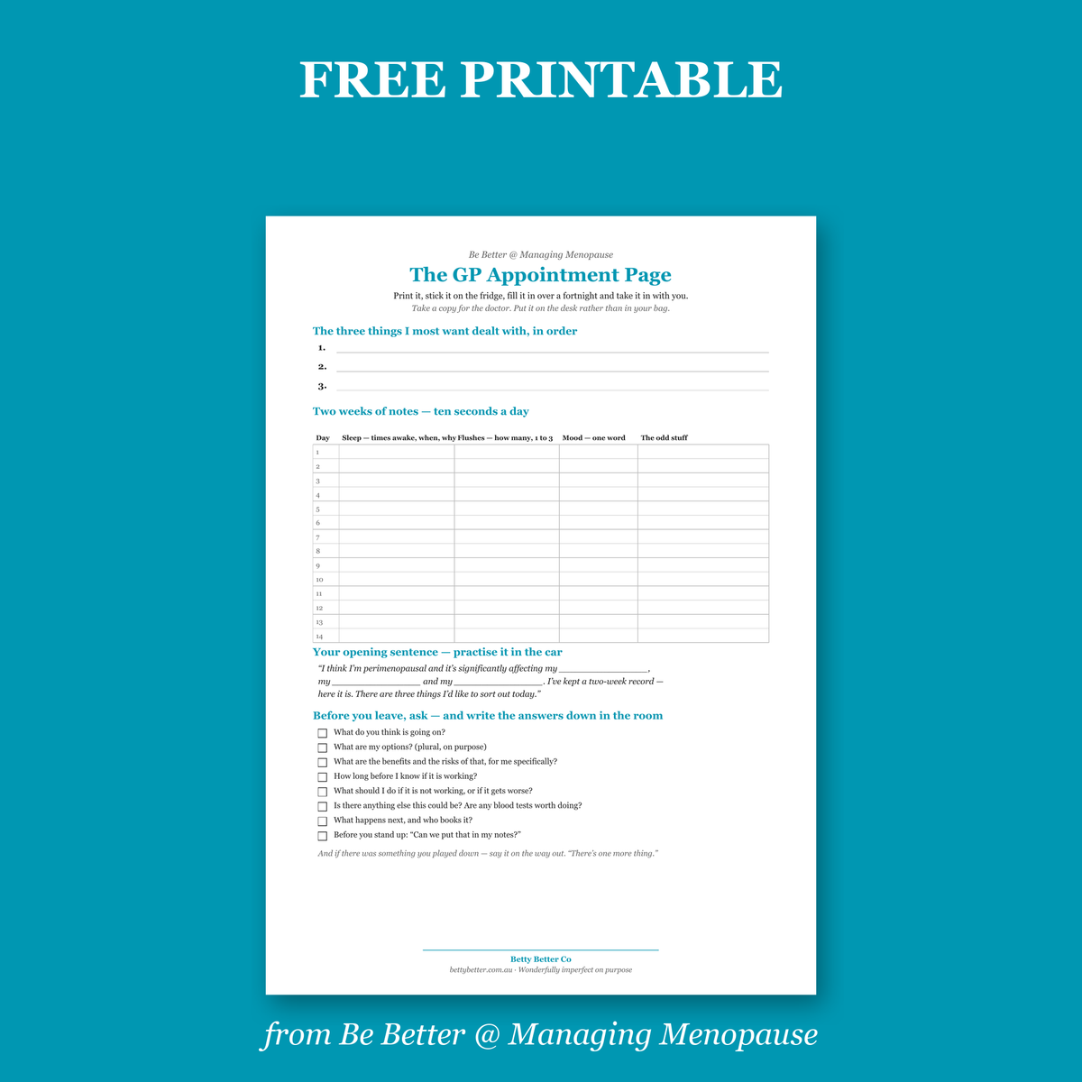 Free printable GP Appointment Page from Be Better @ Managing Menopause