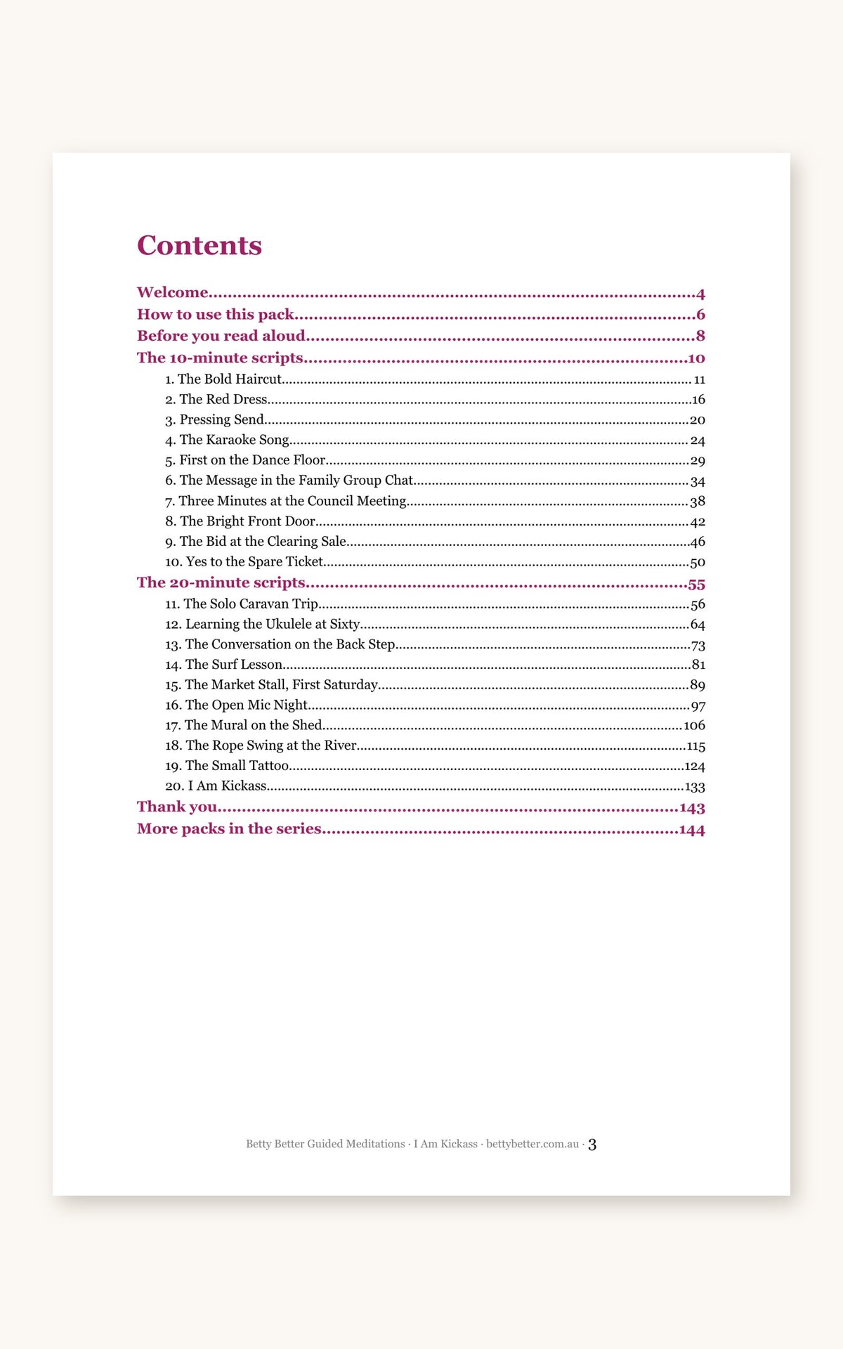 Inside I Am Kickass: contents page listing all 20 guided meditation scripts