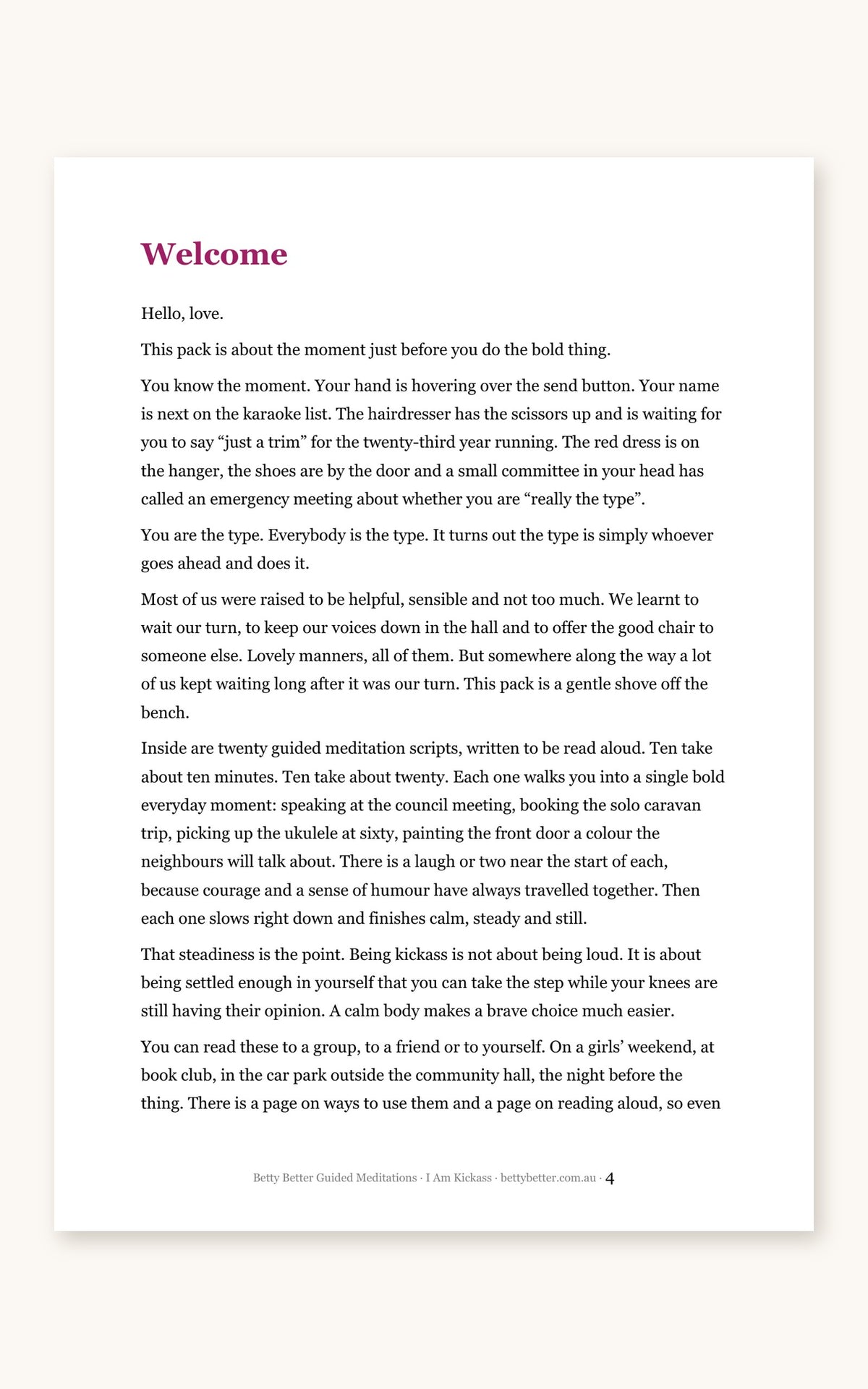 Inside I Am Kickass: welcome page from Betty