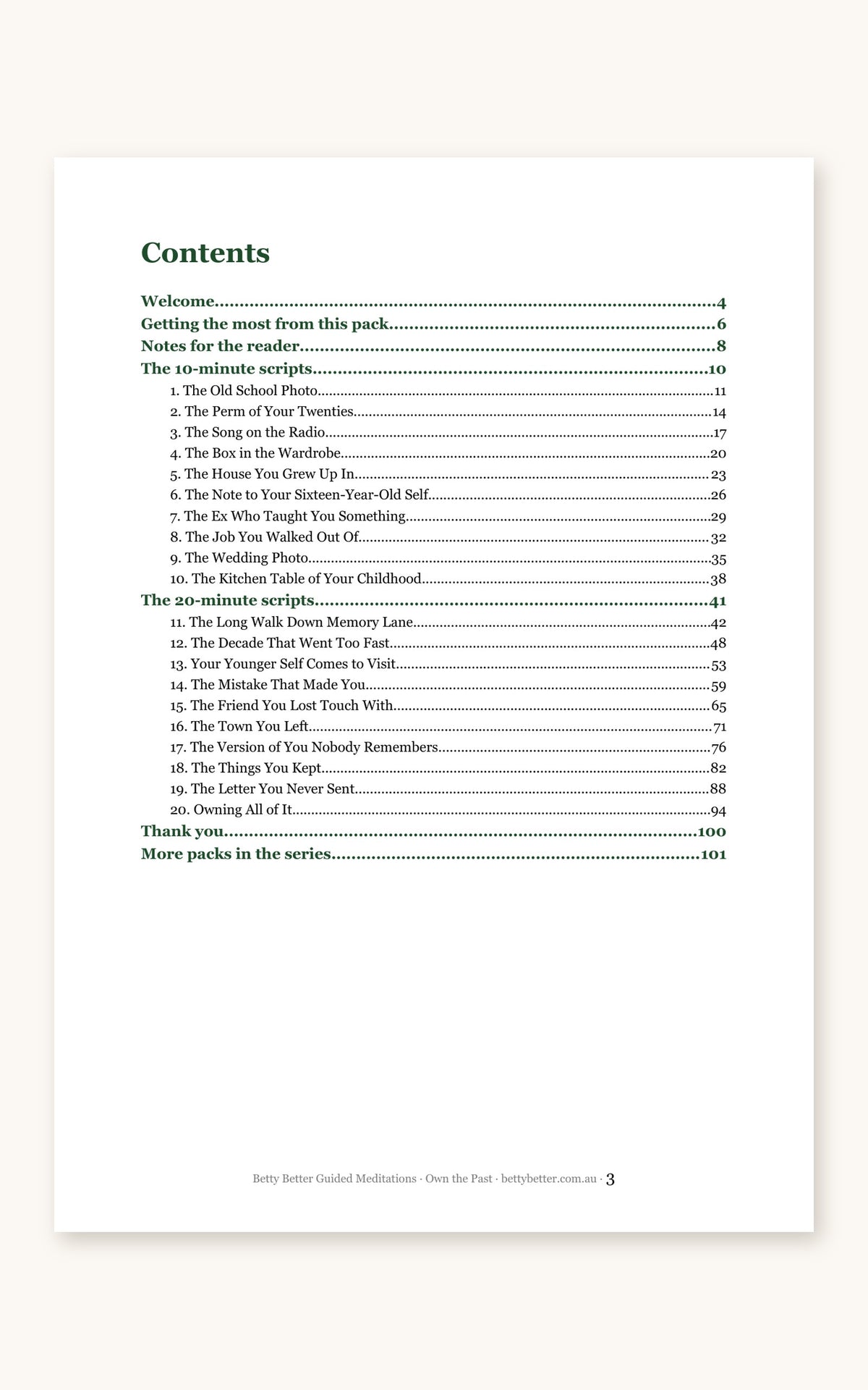Inside Own the Past: contents page listing all 20 guided meditation scripts