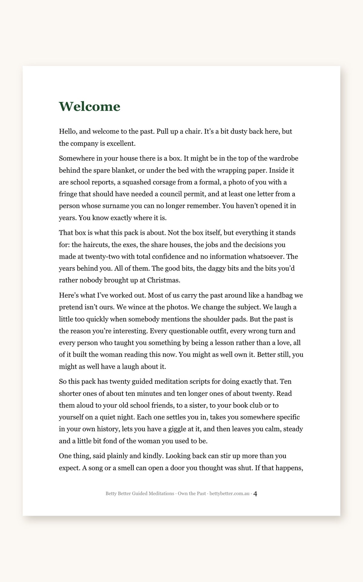 Inside Own the Past: welcome page from Betty