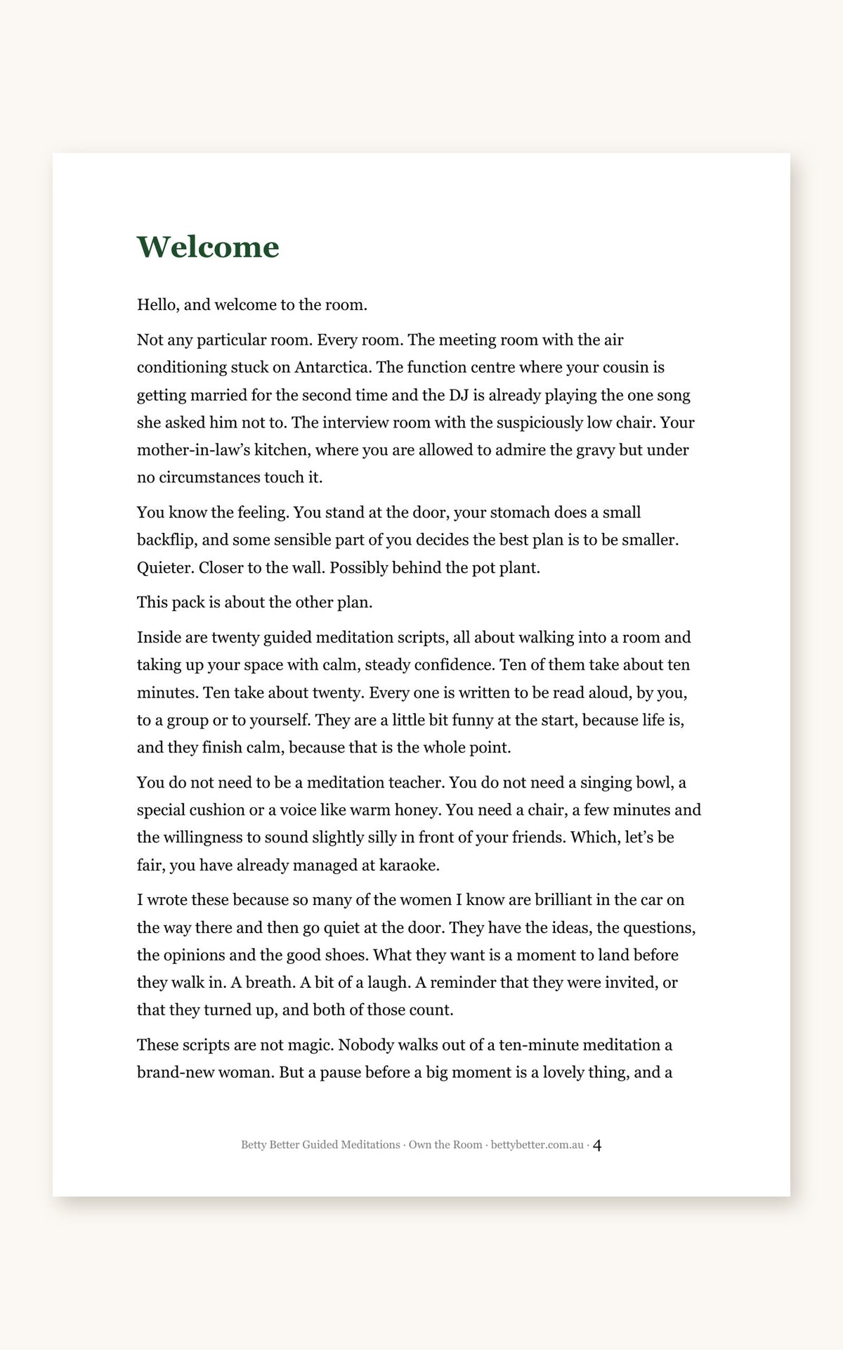 Inside Own the Room: welcome page from Betty