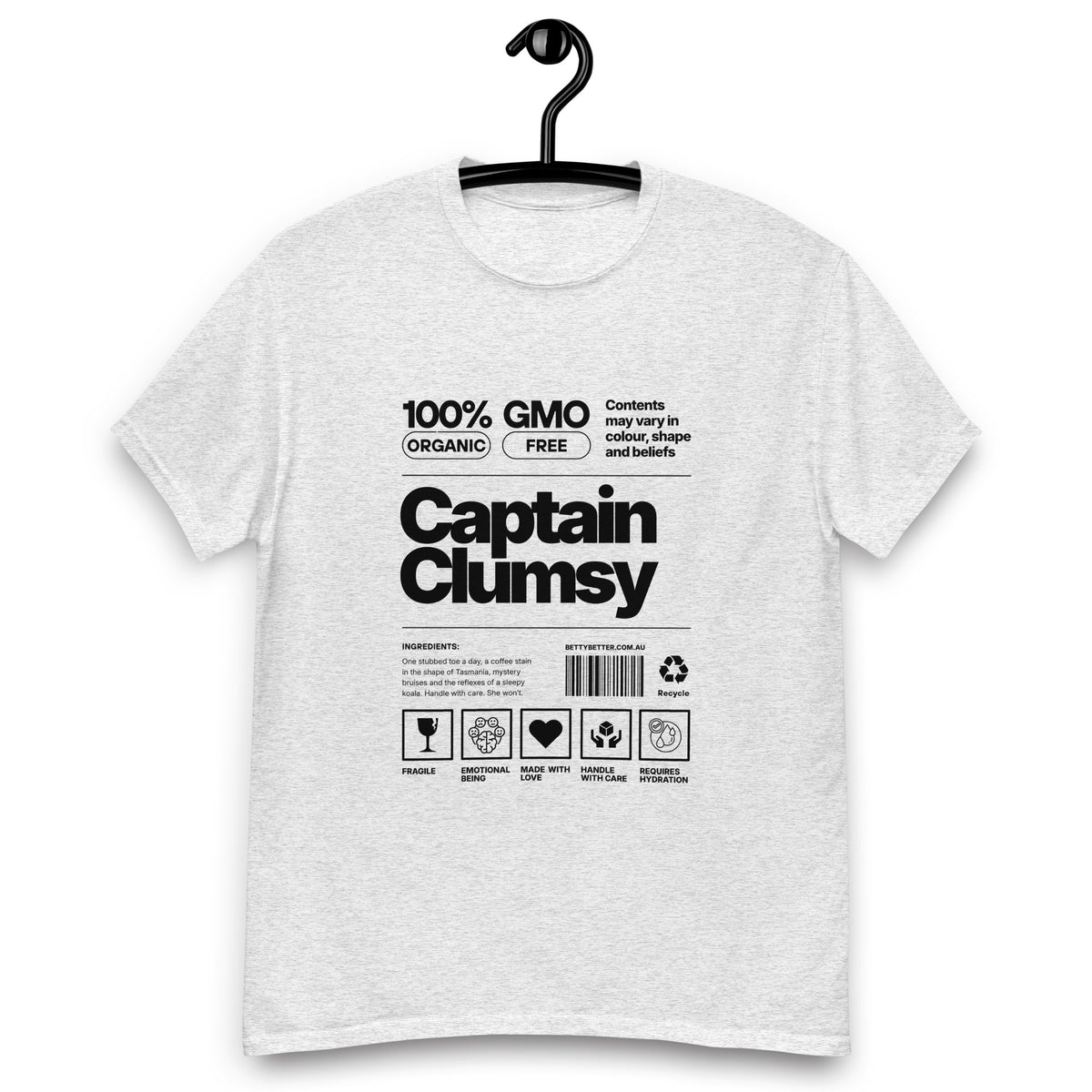 Captain Clumsy funny nutrition label t-shirt in ash