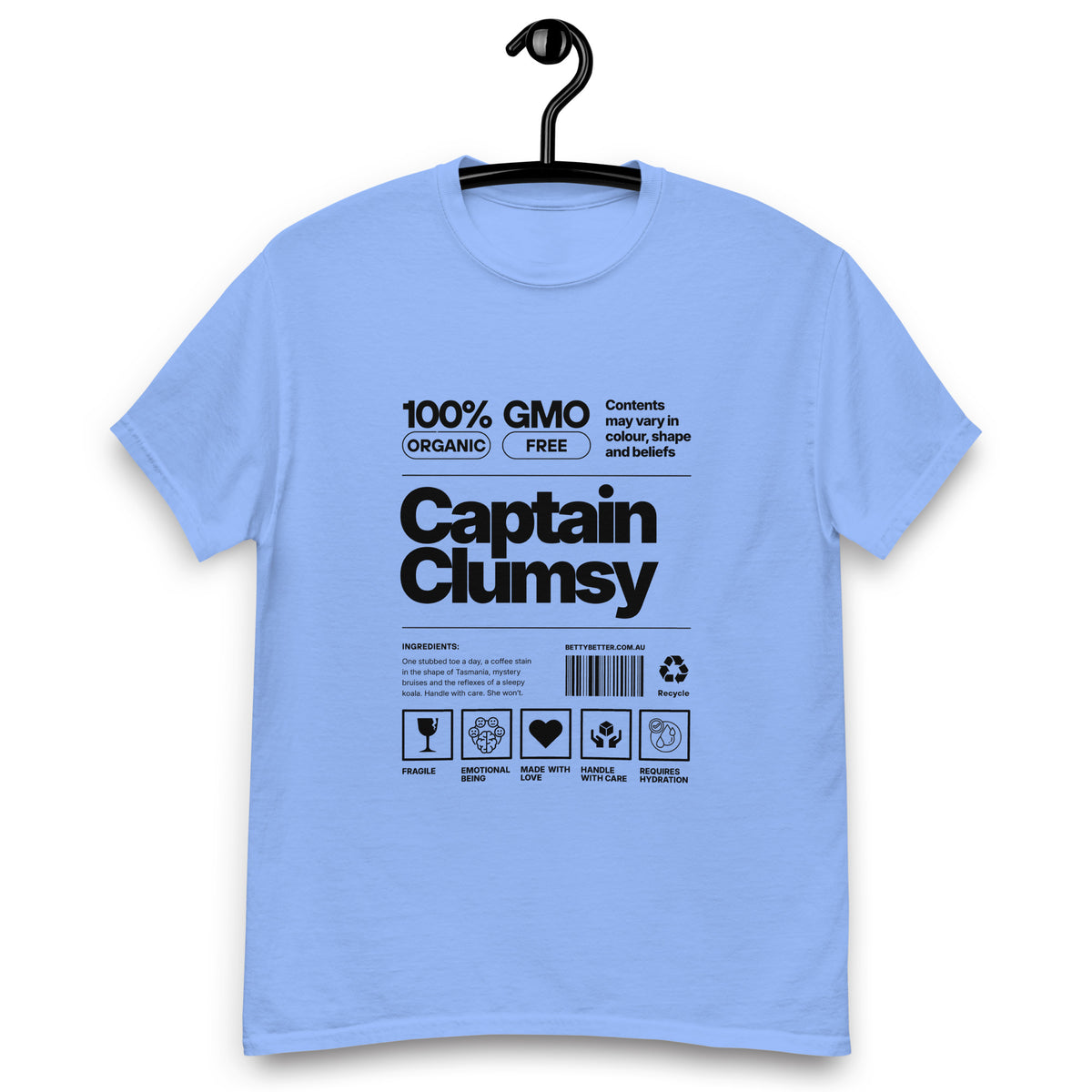 Captain Clumsy funny nutrition label t-shirt in Carolina blue