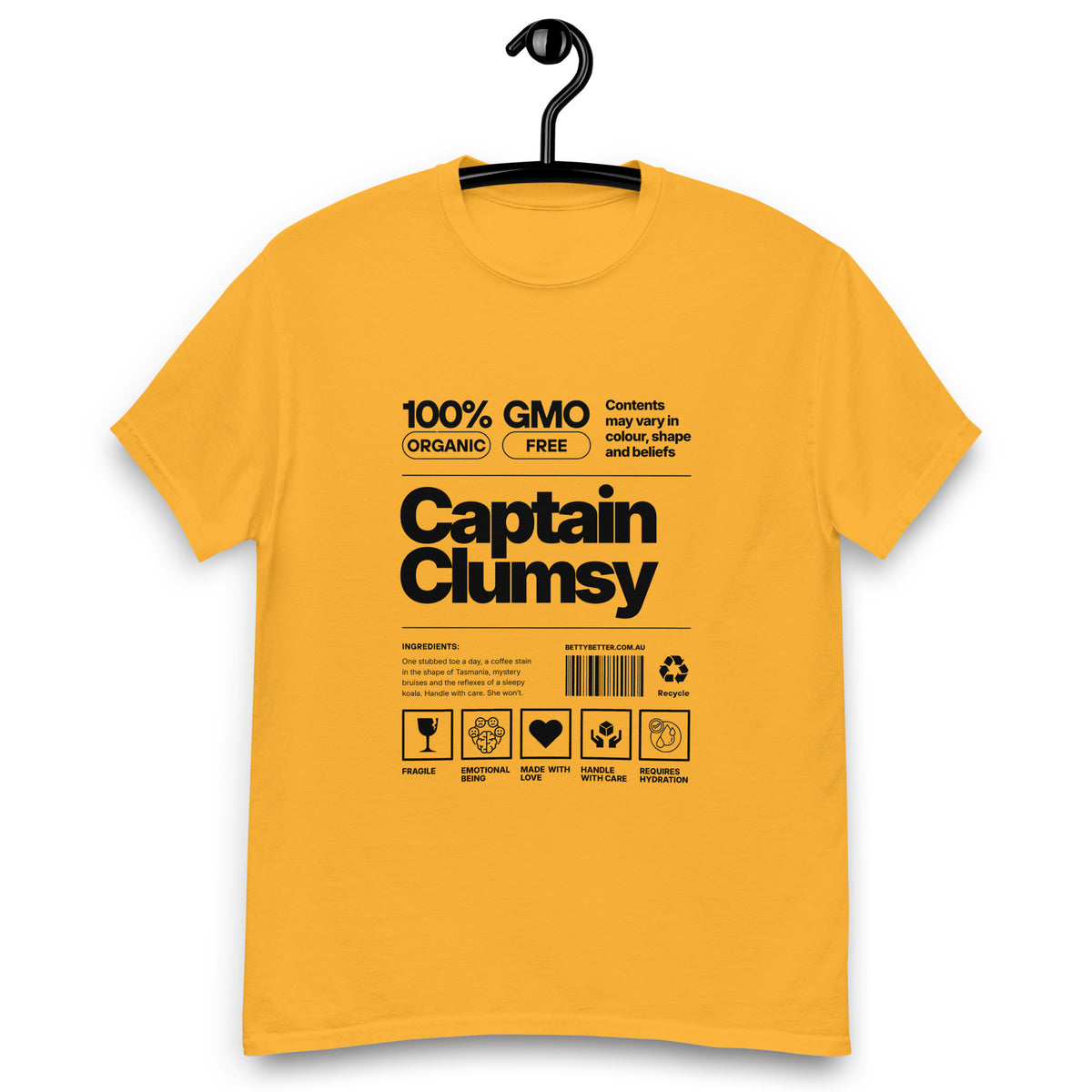 Captain Clumsy funny nutrition label t-shirt in gold