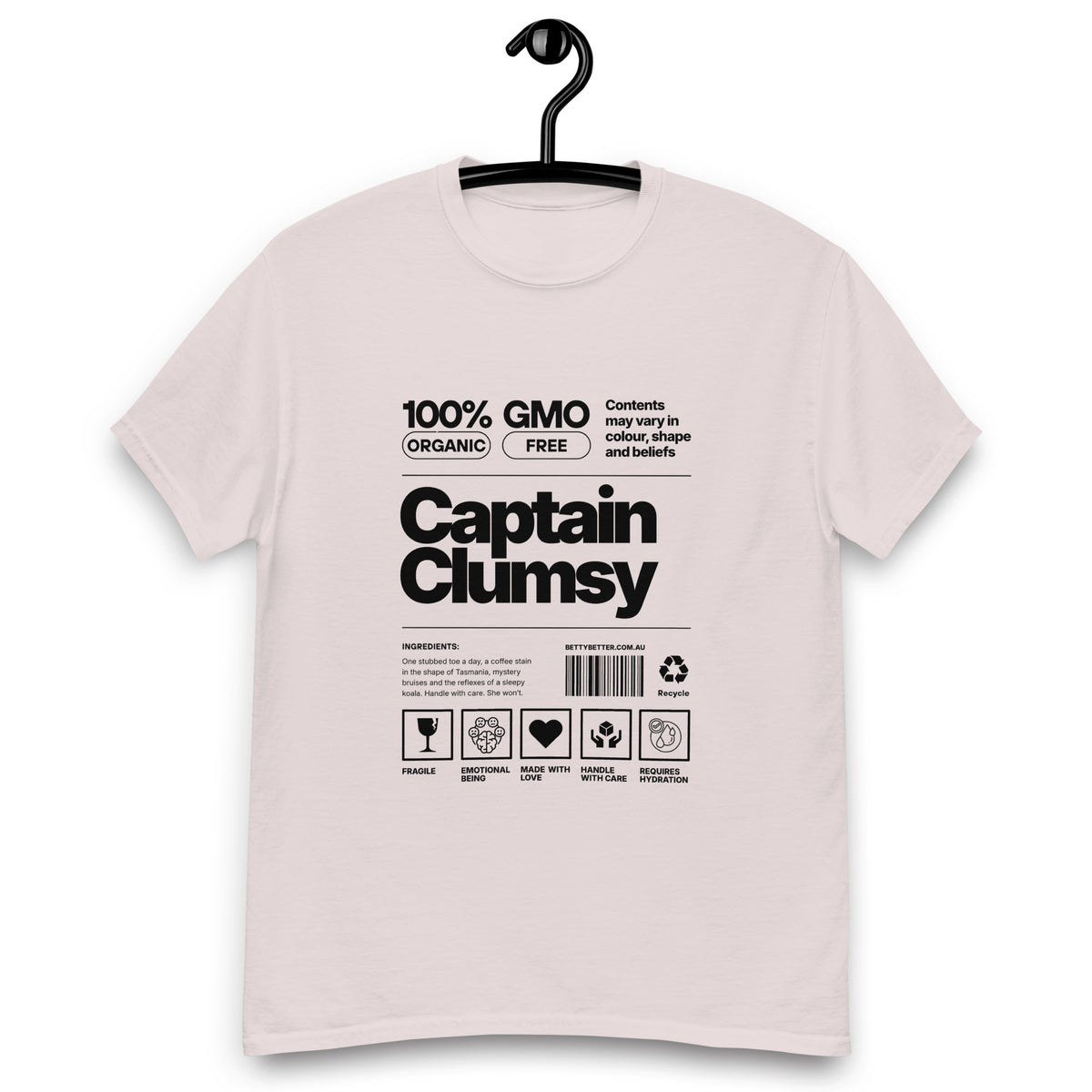 Captain Clumsy funny nutrition label t-shirt in ice grey