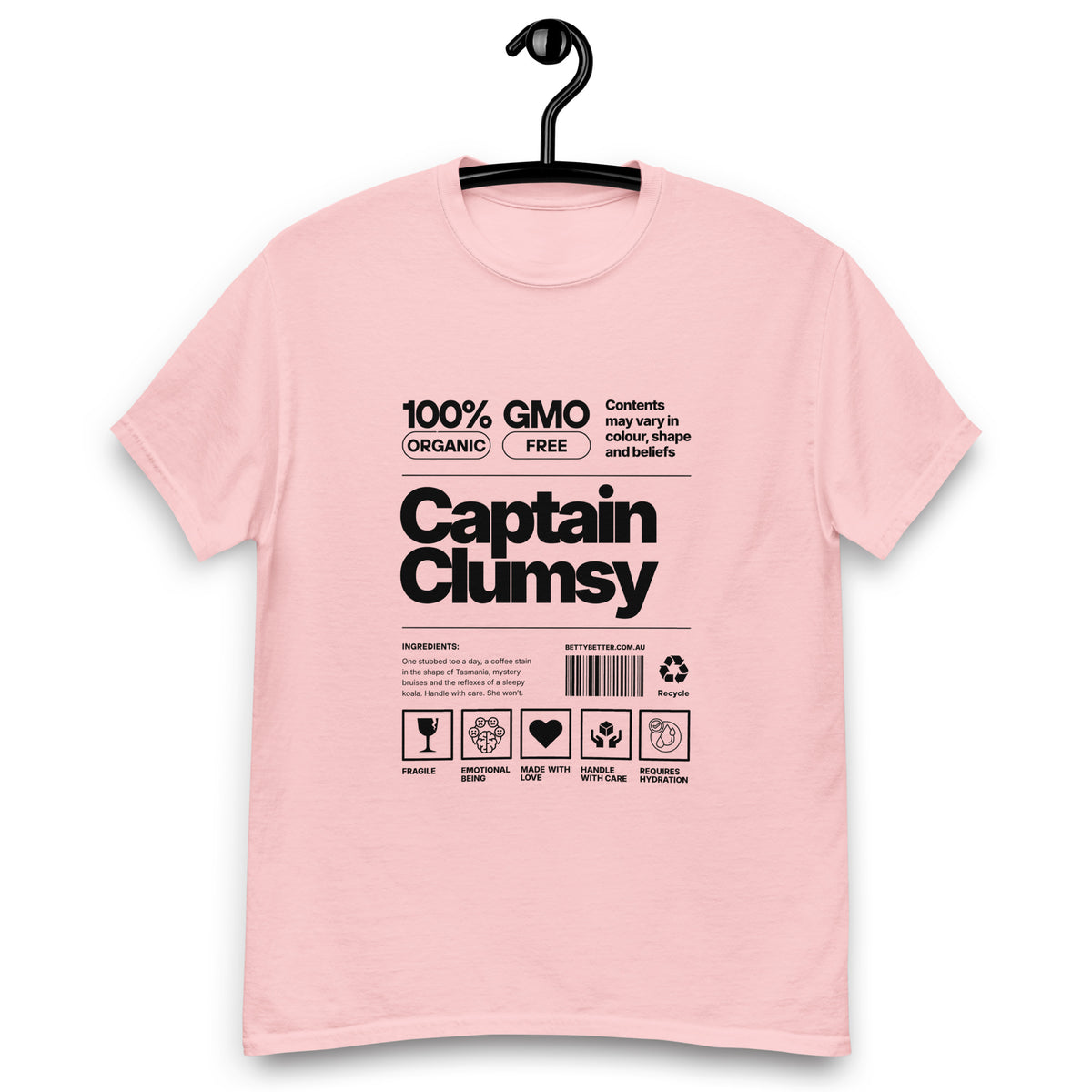 Captain Clumsy funny nutrition label t-shirt in light pink