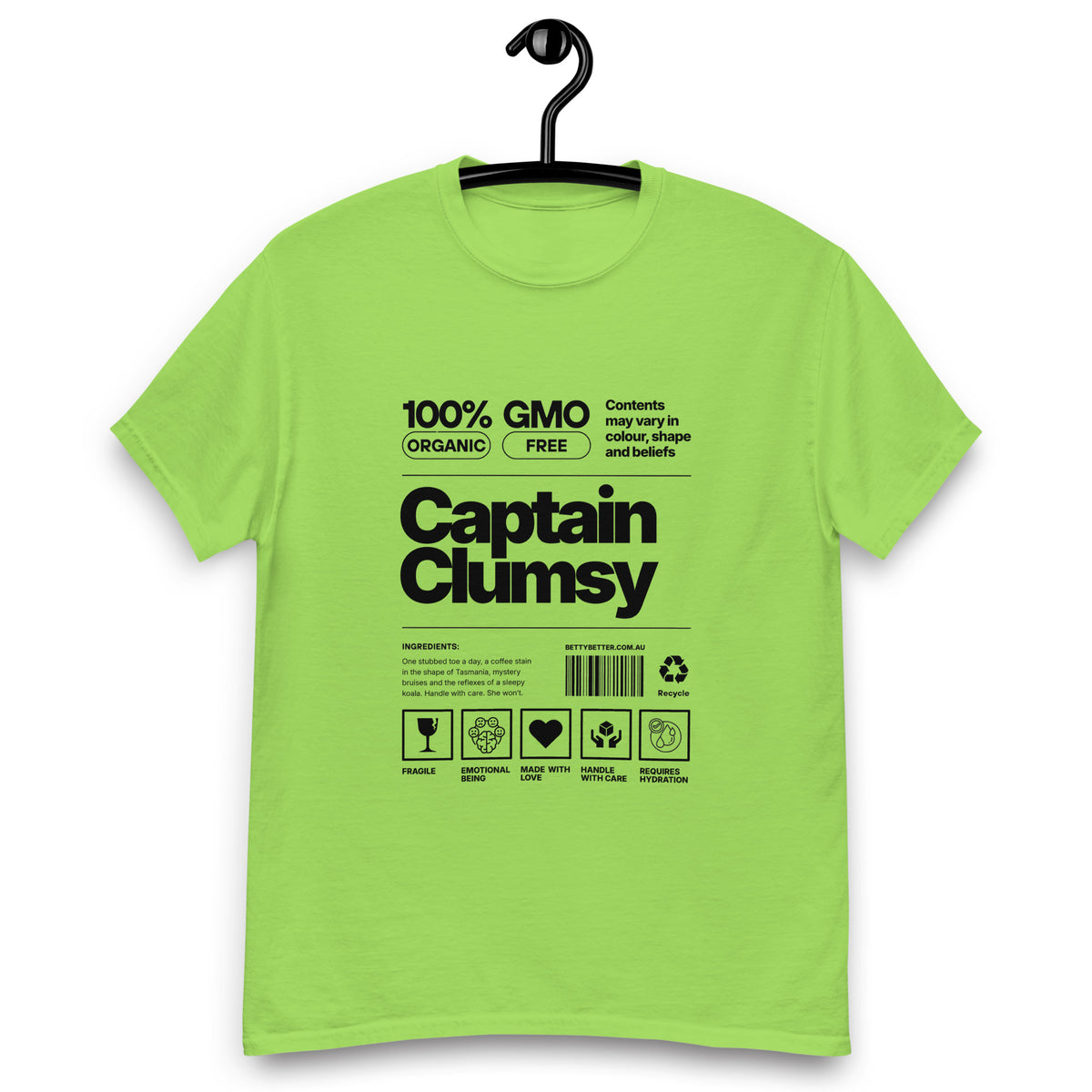 Captain Clumsy funny nutrition label t-shirt in lime