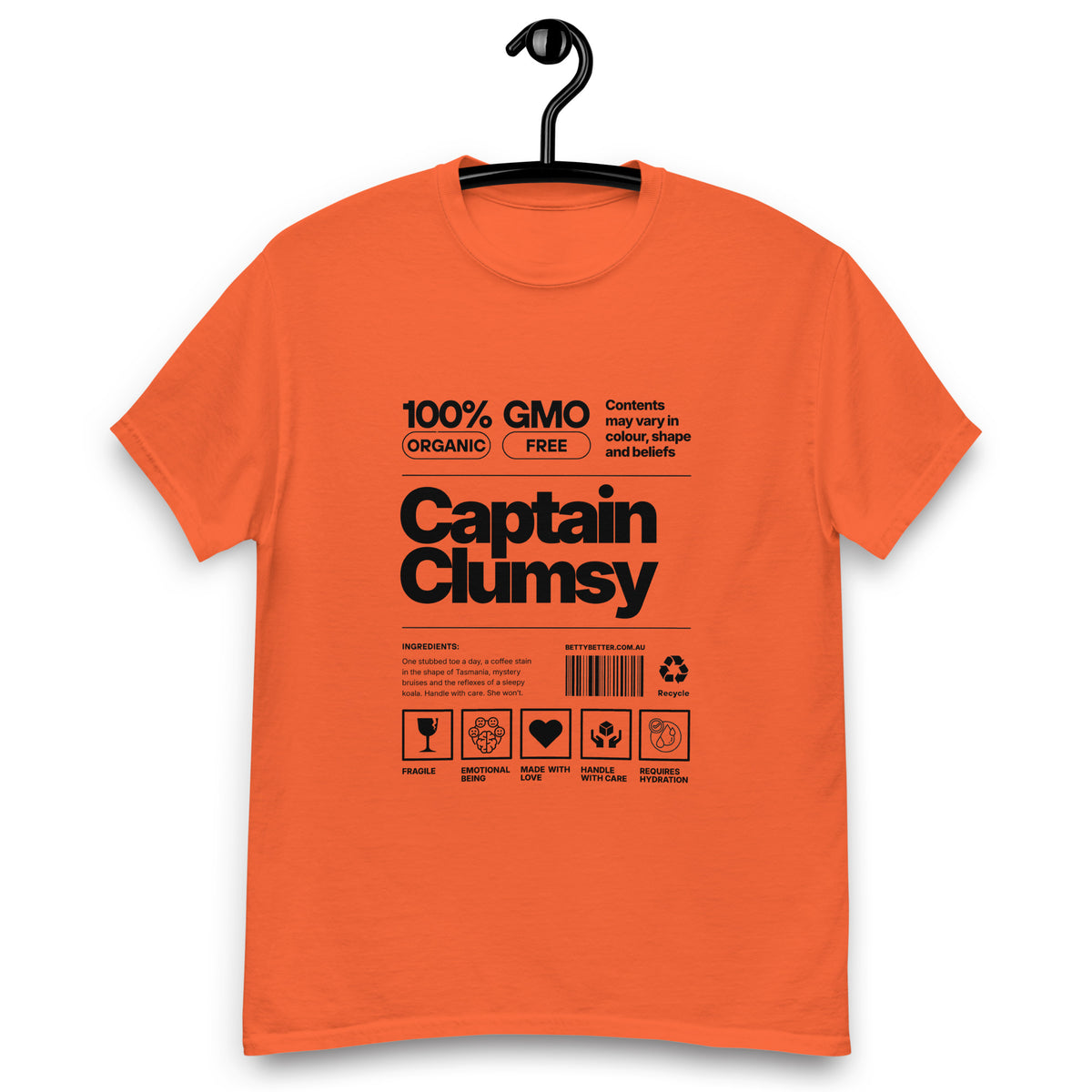 Captain Clumsy funny nutrition label t-shirt in orange