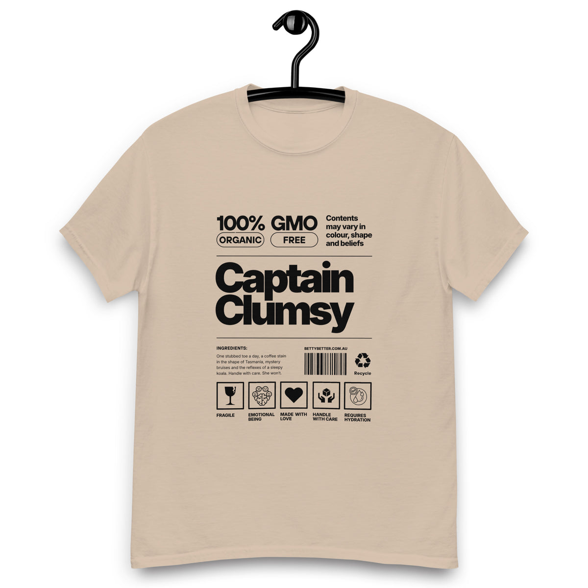 Captain Clumsy funny nutrition label t-shirt in sand