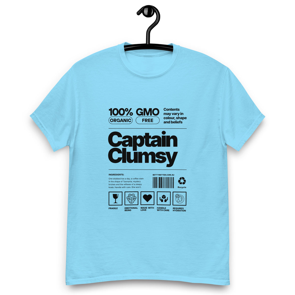 Captain Clumsy funny nutrition label t-shirt in sky blue