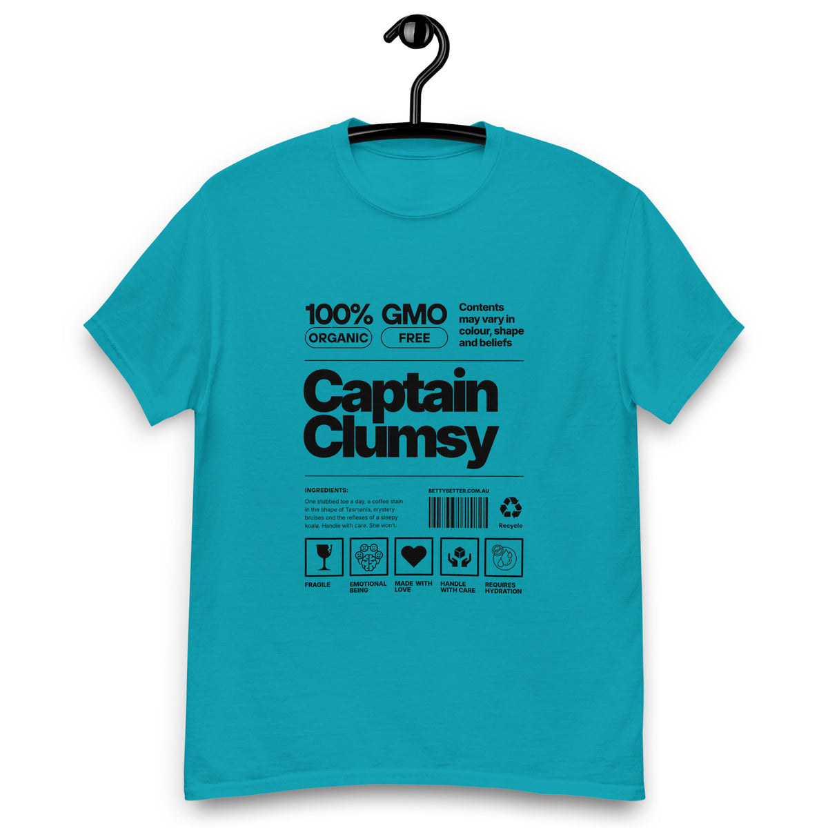 Captain Clumsy funny nutrition label t-shirt in tropical blue