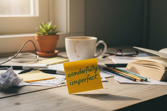 A warm yellow Post-it note with "wonderfully imperfect" handwritten in teal, on a cluttered desk with a half-empty mug.