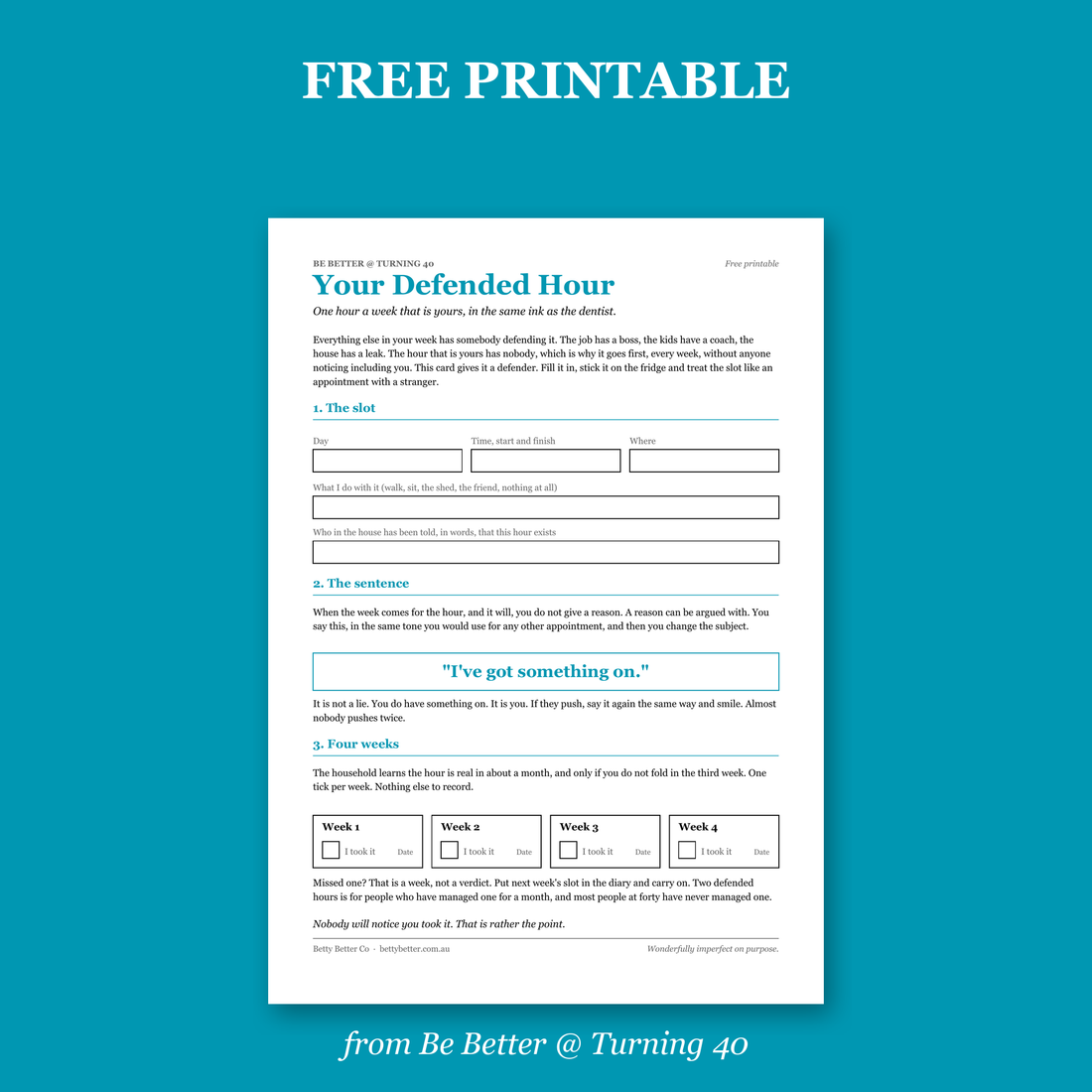 Free printable Defended Hour card from Be Better @ Turning 40