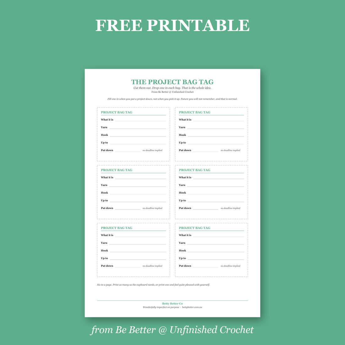 Free printable Project Bag Tag for unfinished crochet projects from Be Better @ Unfinished Crochet