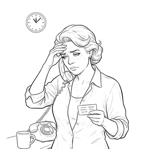 Betty with a hand on her forehead, flustered mid phone call at her desk, a cup of tea beside her