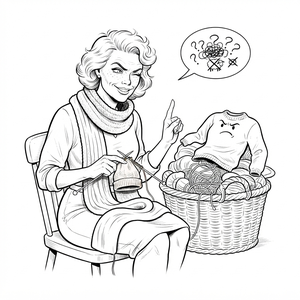 Betty knitting in a chair beside a basket of unfinished knitting projects