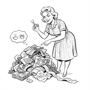 Betty with scissors pointing at a heap of unfinished quilt pieces
