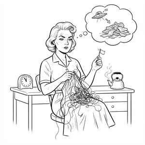 Betty at a sewing table holding a tangle of thread, thinking about her pile of unfinished sewing projects