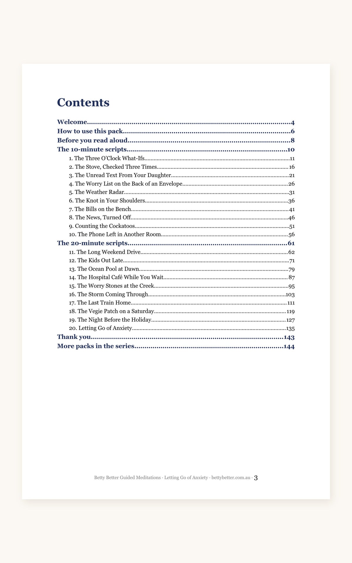 Letting Go of Anxiety guided meditation scripts, contents page