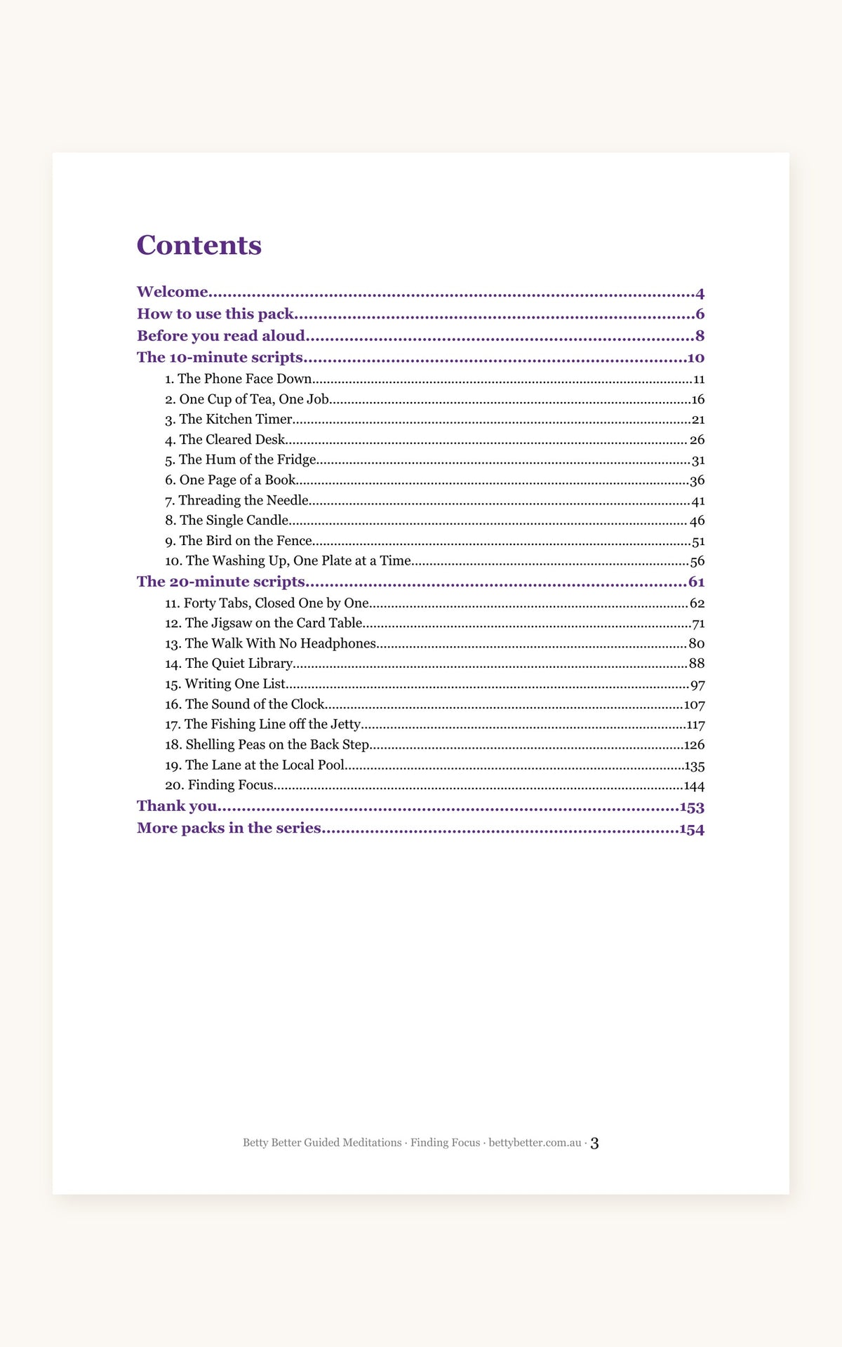 Finding Focus guided meditation scripts, contents page