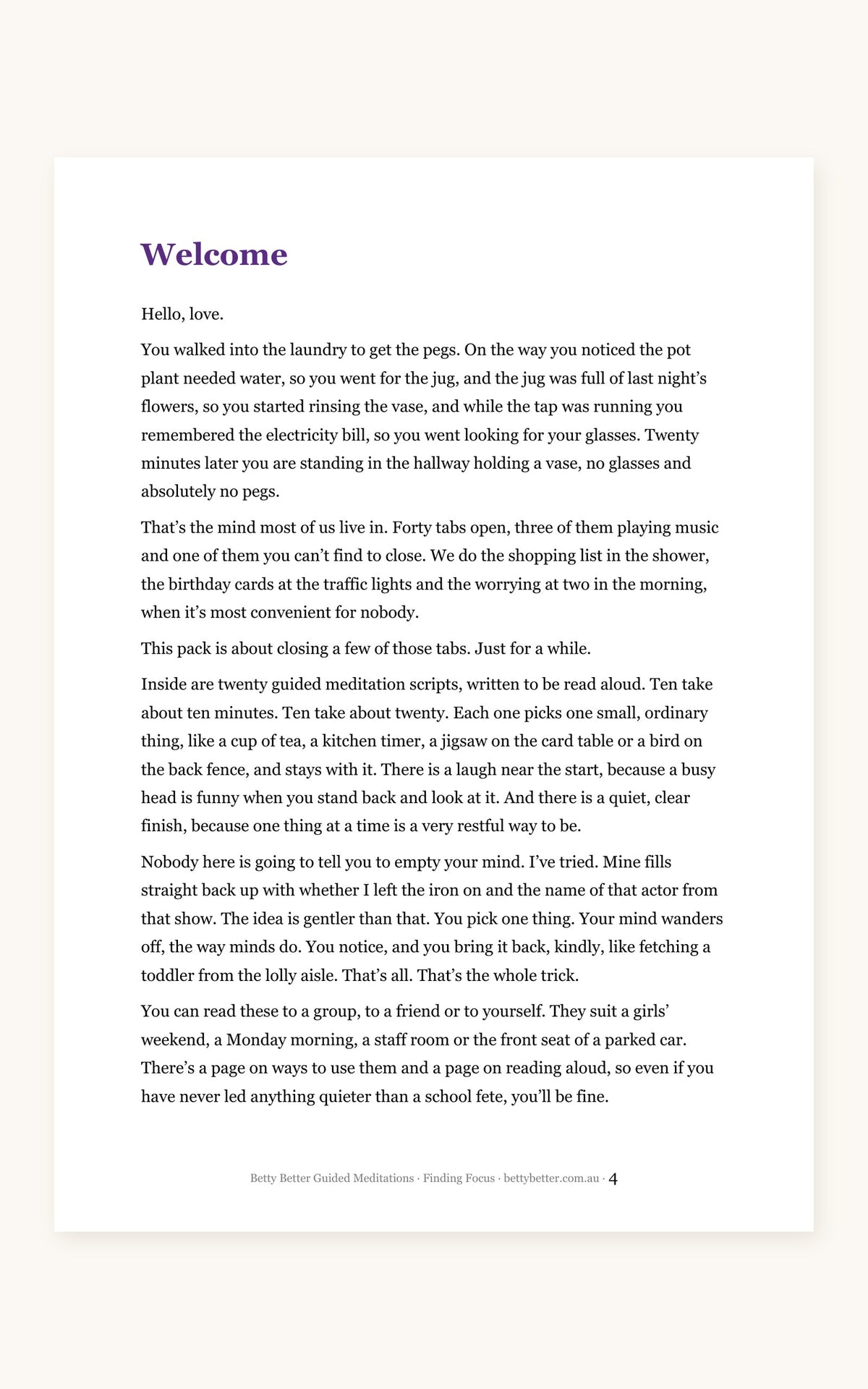 Finding Focus guided meditation scripts, welcome page