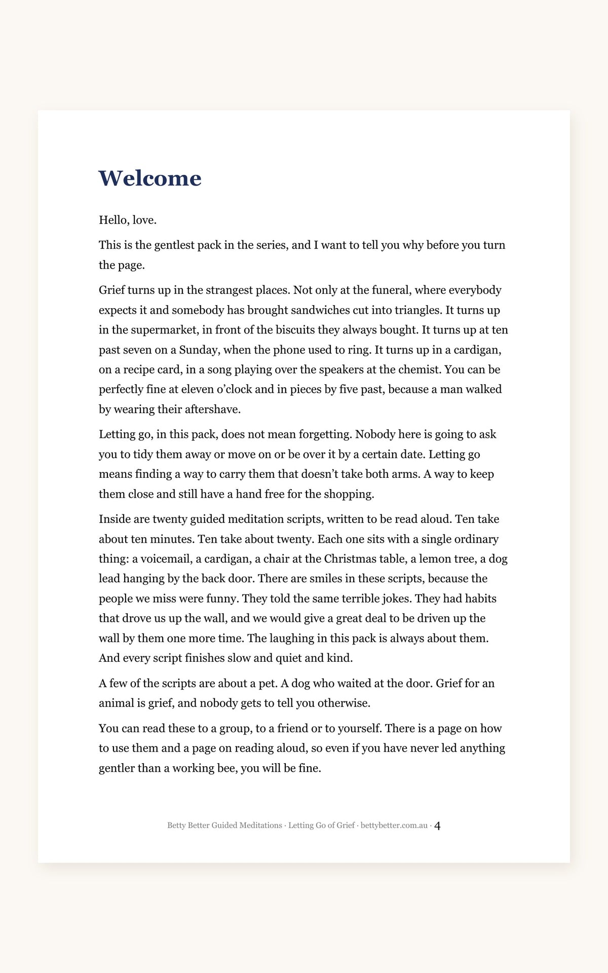Letting Go of Grief guided meditation scripts, welcome page