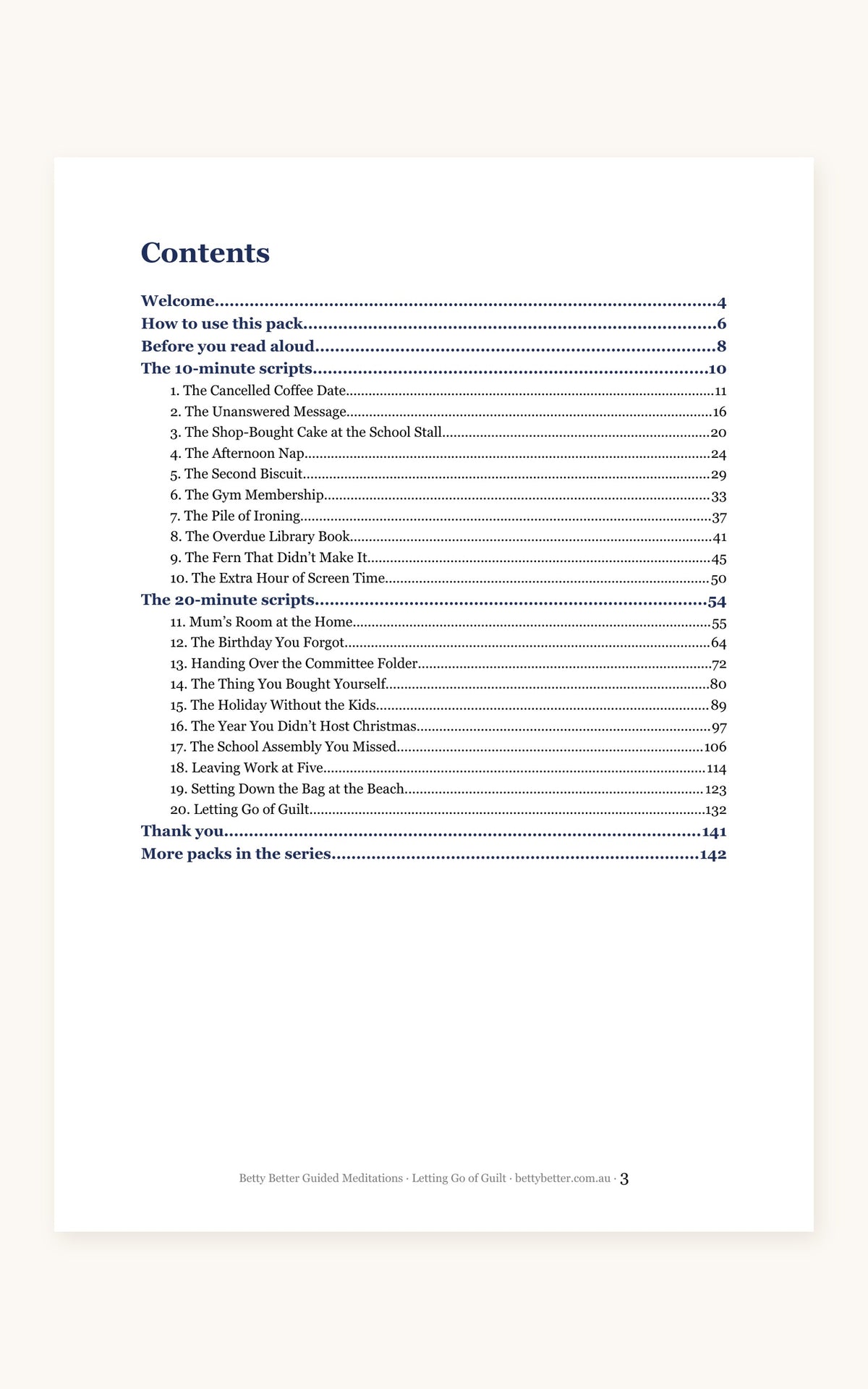 Letting Go of Guilt guided meditation scripts, contents page