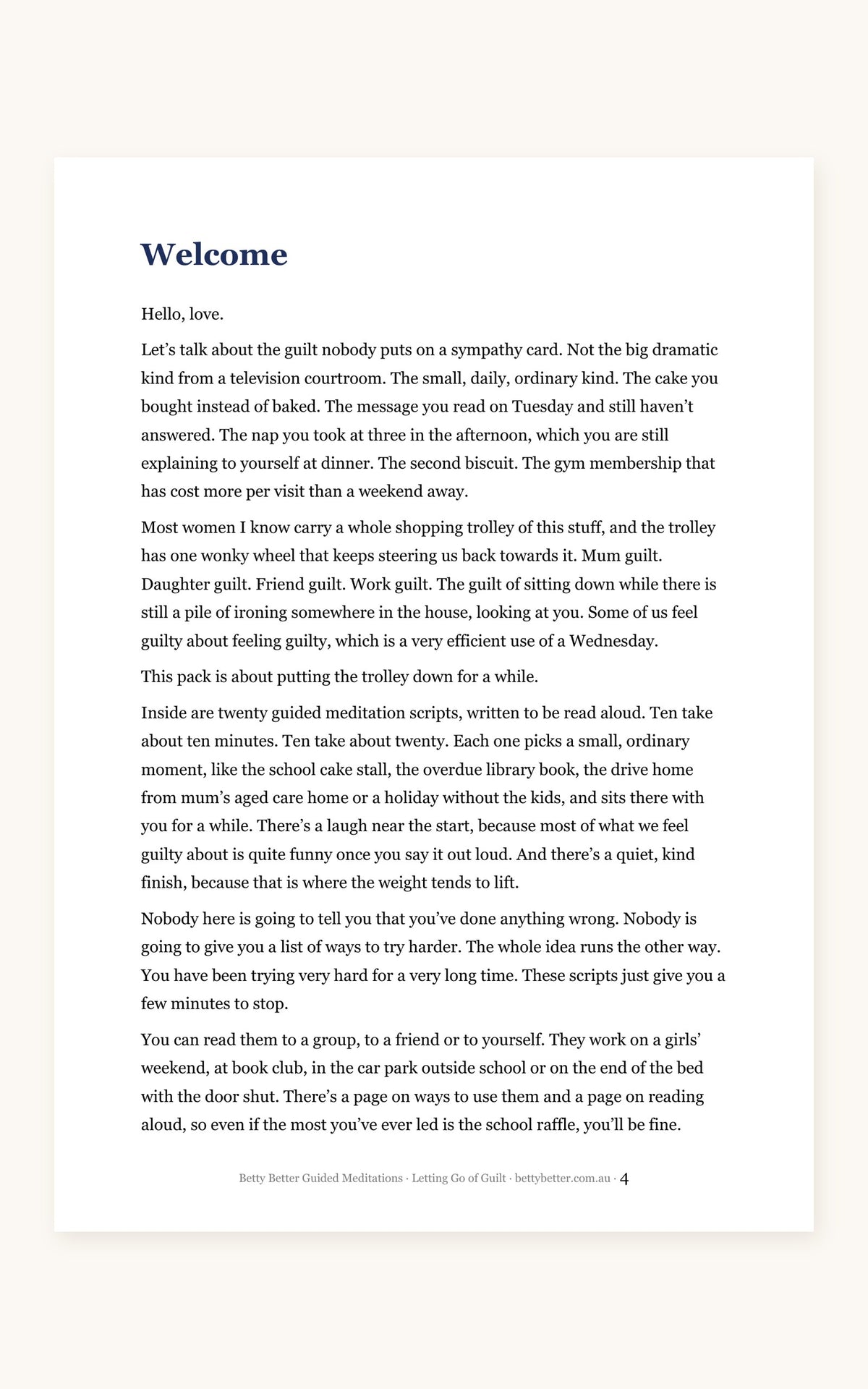 Letting Go of Guilt guided meditation scripts, welcome page