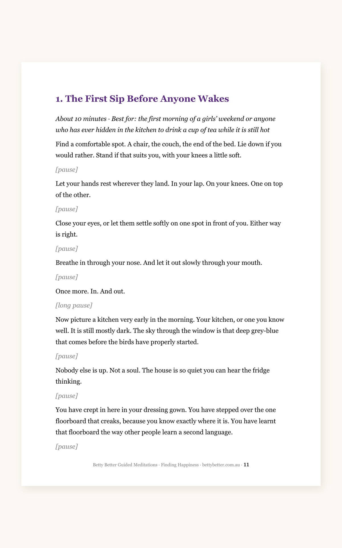 Finding Happiness guided meditation scripts, a 10-minute script page