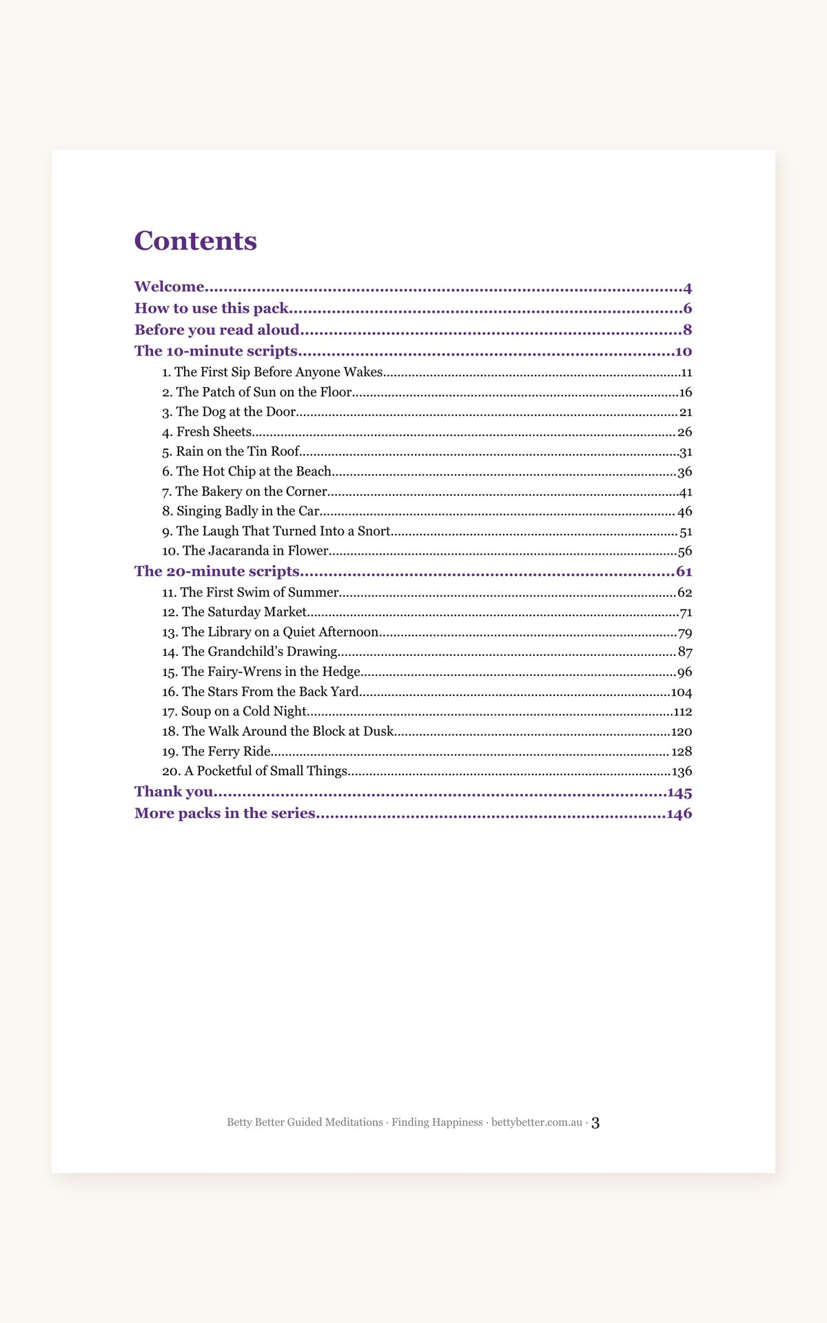Finding Happiness guided meditation scripts, contents page