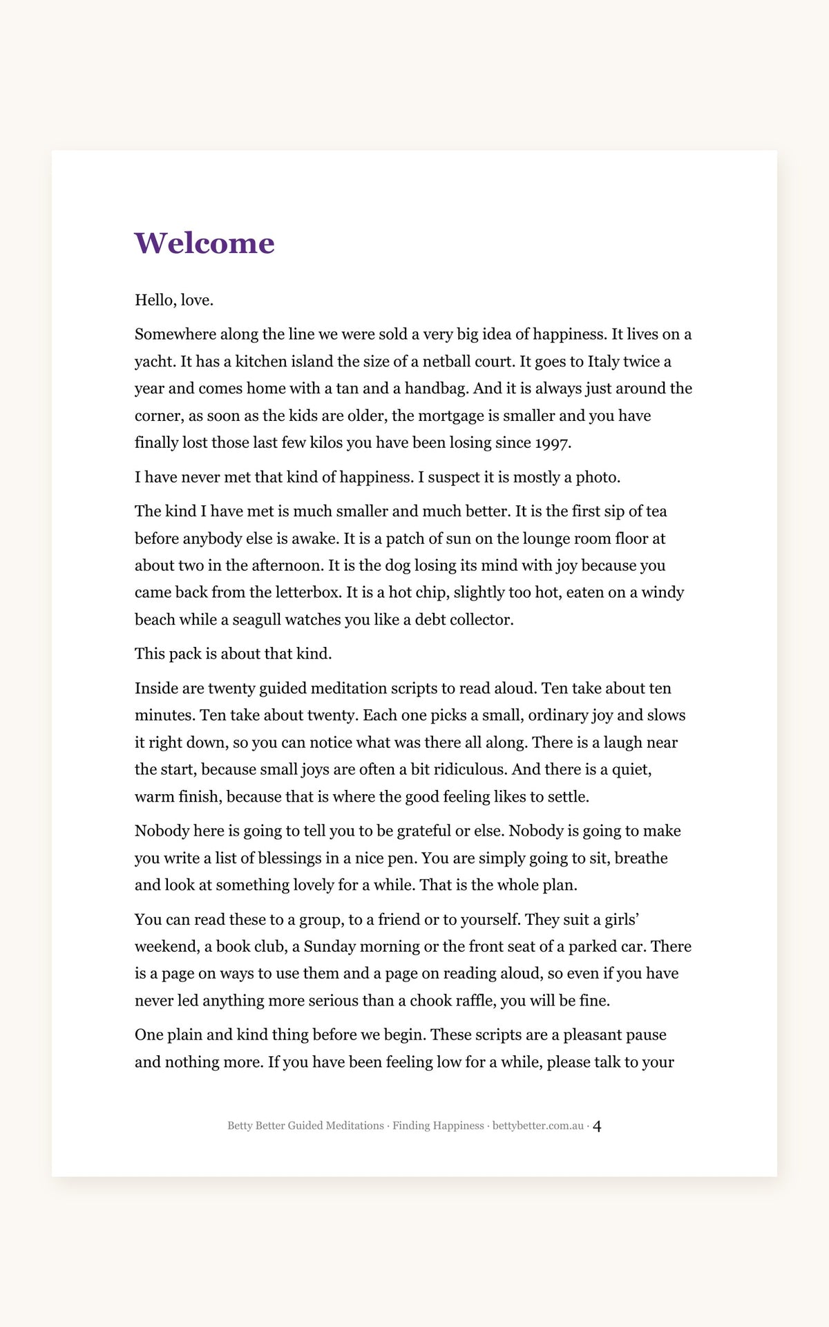 Finding Happiness guided meditation scripts, welcome page