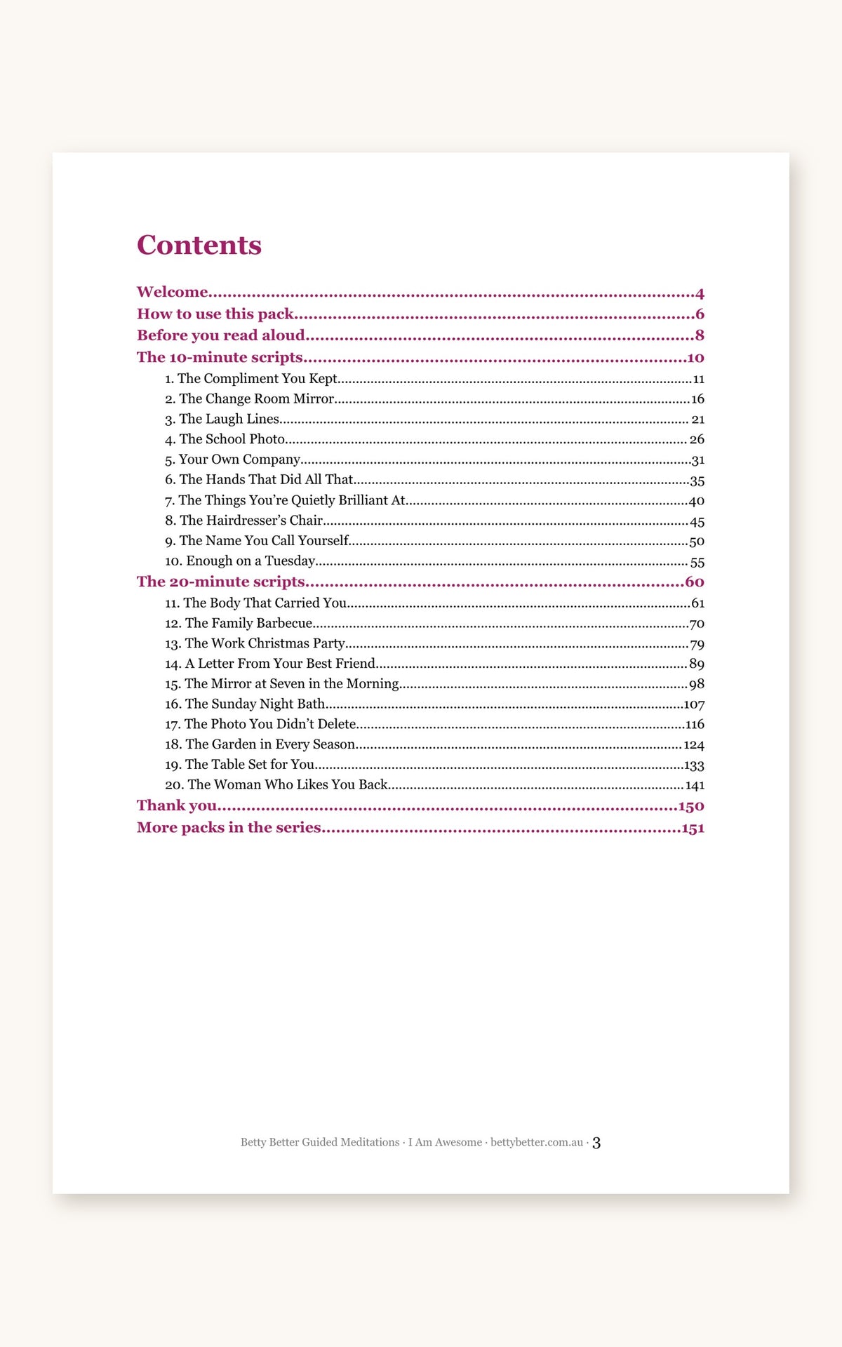 Inside I Am Awesome: contents page listing all 20 guided meditation scripts