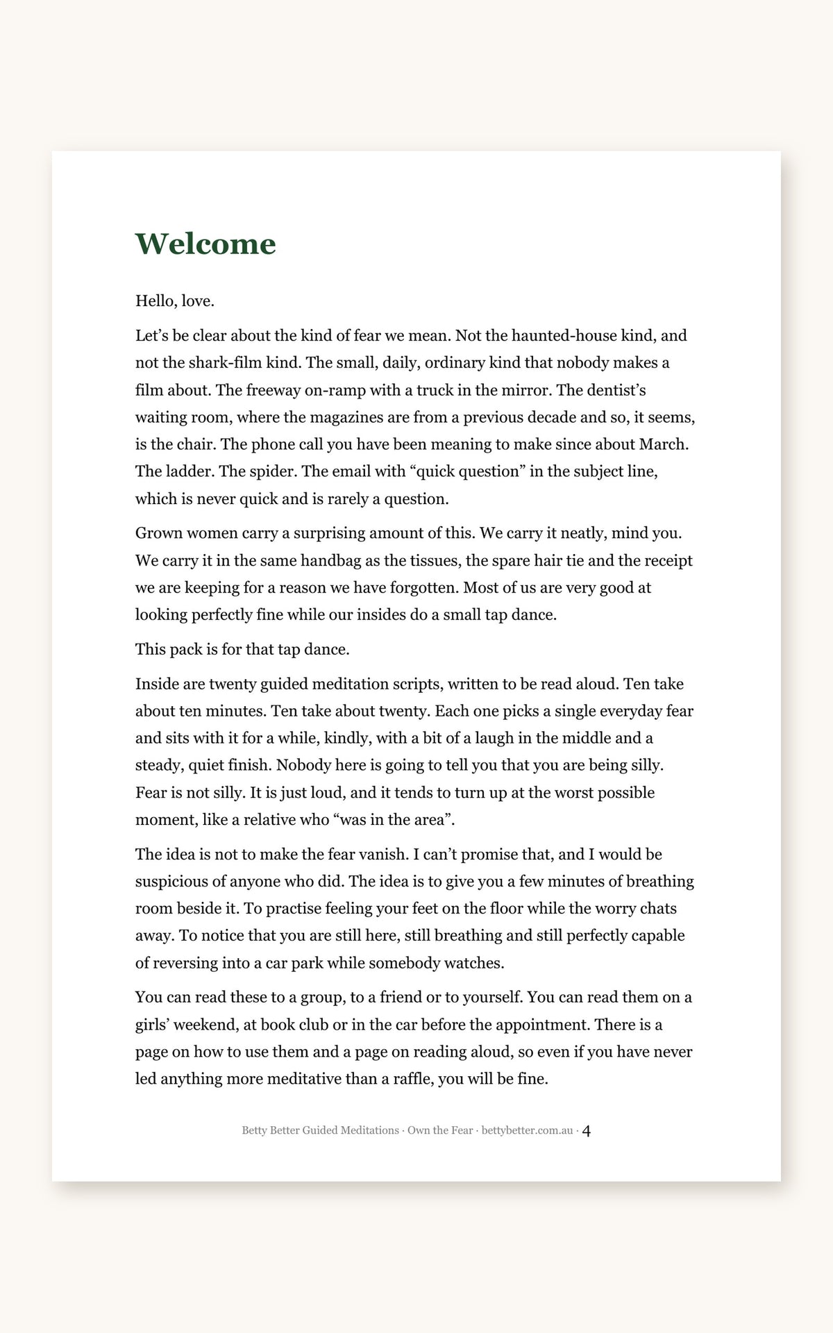 Inside the OWN Bundle: welcome page from Betty in Own the Fear