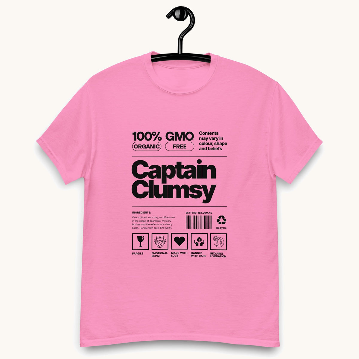 Captain Clumsy funny nutrition label t-shirt in azalea pink