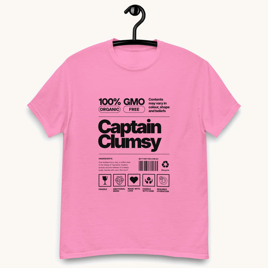 Captain Clumsy funny nutrition label t-shirt in azalea pink