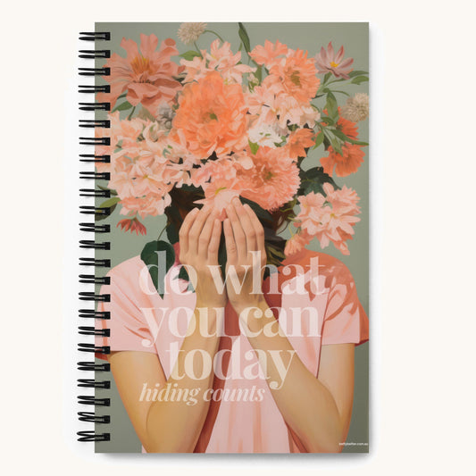 Do What You Can Today (Hiding Counts) Betty Better spiral notebook with a painted woman hiding her face behind peach flowers on the cover