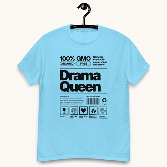 Drama Queen funny nutrition label t-shirt in sky blue