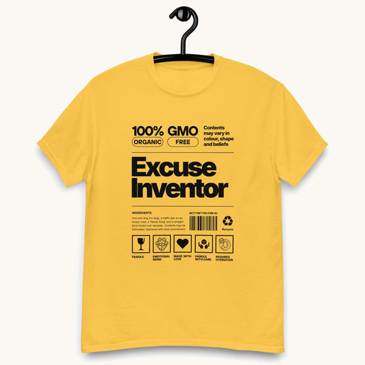 Excuse Inventor funny nutrition label t-shirt in daisy yellow