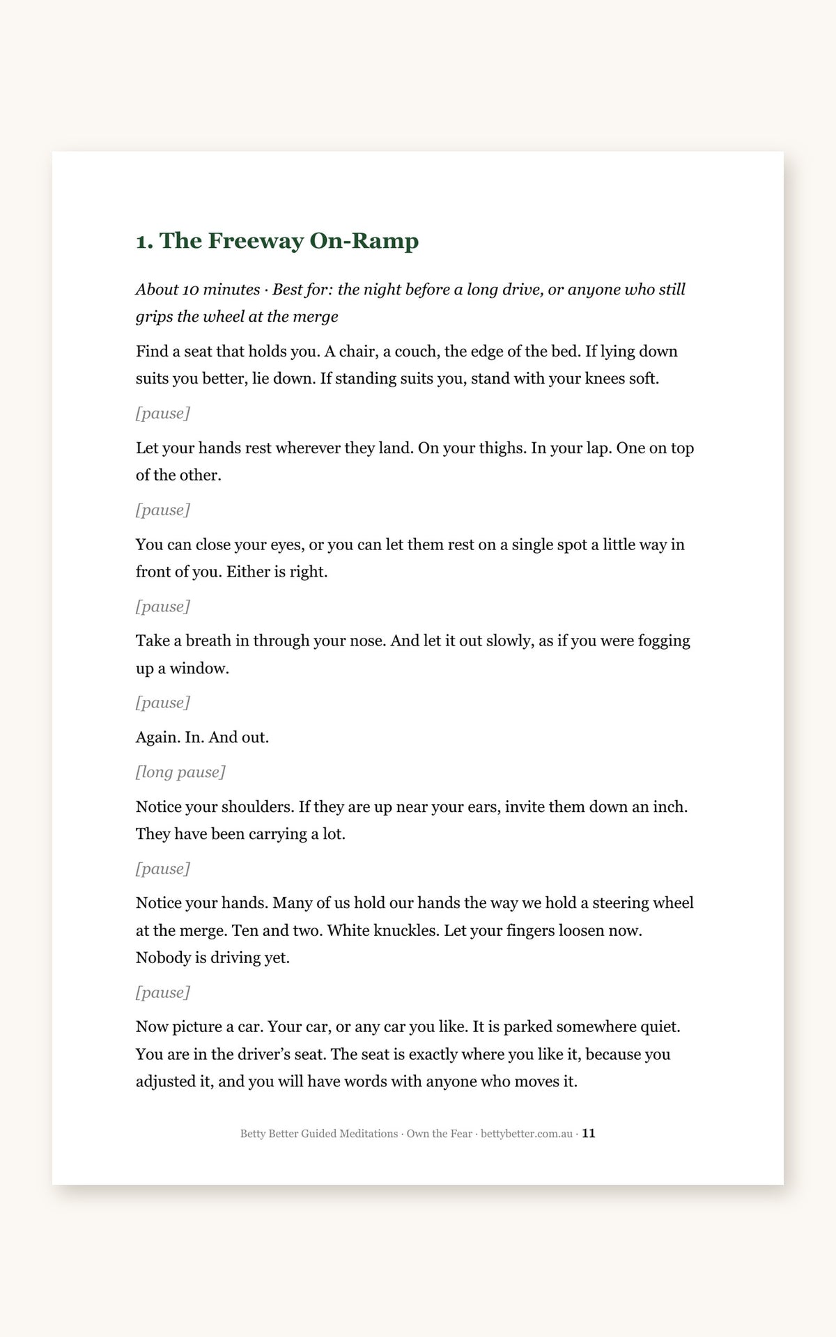 Inside Own the Fear: first page of the 10-minute script The Freeway On-Ramp