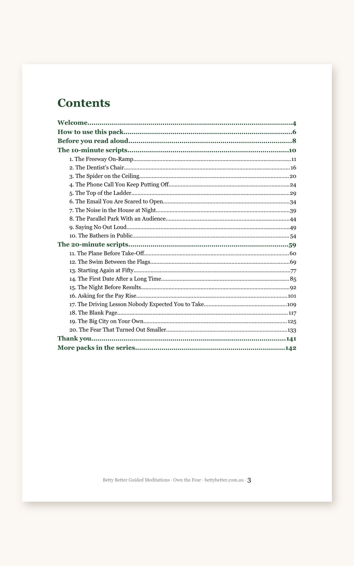 Inside Own the Fear: contents page listing all 20 guided meditation scripts
