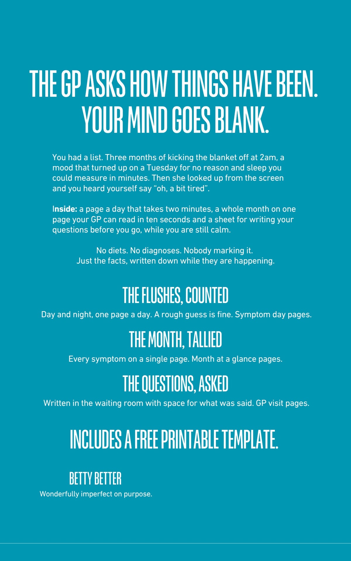 Back cover of the Be Better @ Menopause Symptom & GP Log